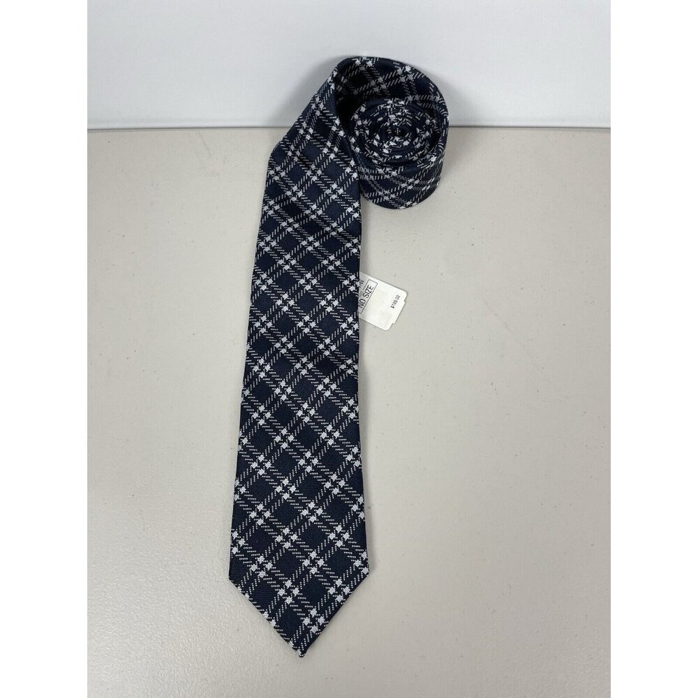 Halston Navy Black White Plaid Preppy 100% Silk‎ Classic Neck Tie